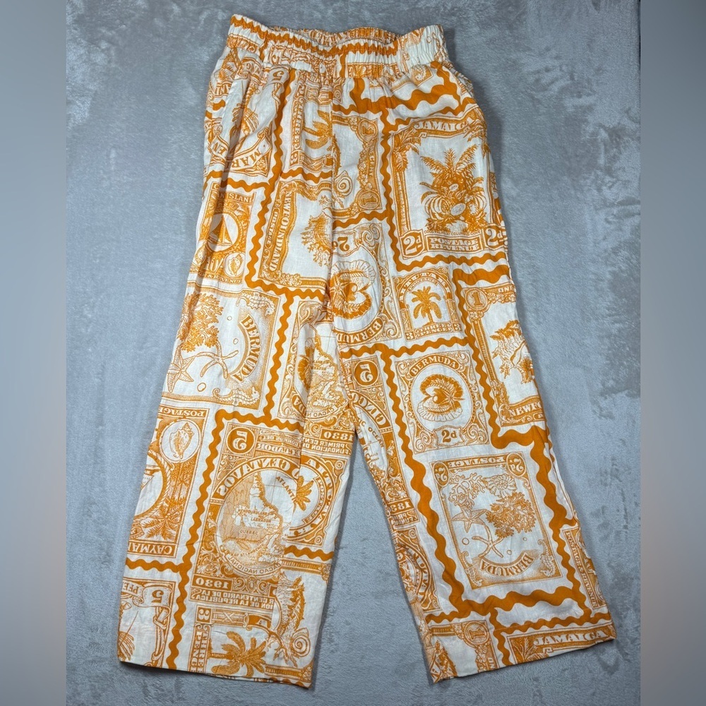 Nicole Miller Atelier Postage Stamp Linen Blend Orange Cream Cropped Pants Small